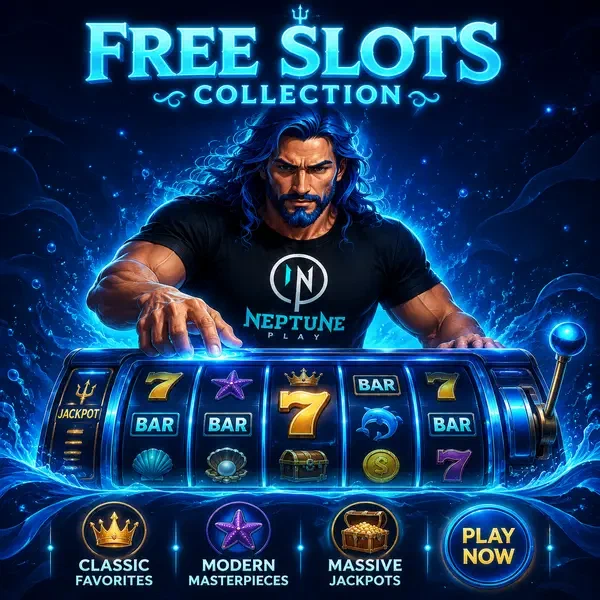 Player spinning free slots at Neptune Play surrounded by glowing oceanic reels