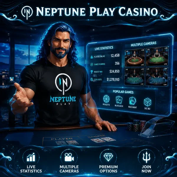 Neptune commanding live dealer action at Neptune Play with holographic casino displays