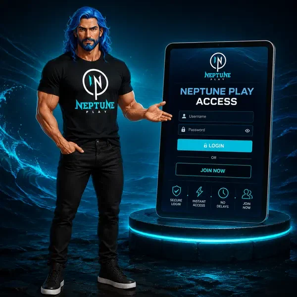 Player logging into Neptune Play through glowing oceanic portal interface