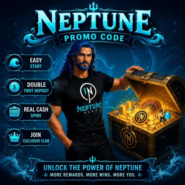 Neptune opening treasure chest revealing promo code rewards at Neptune Play Casino