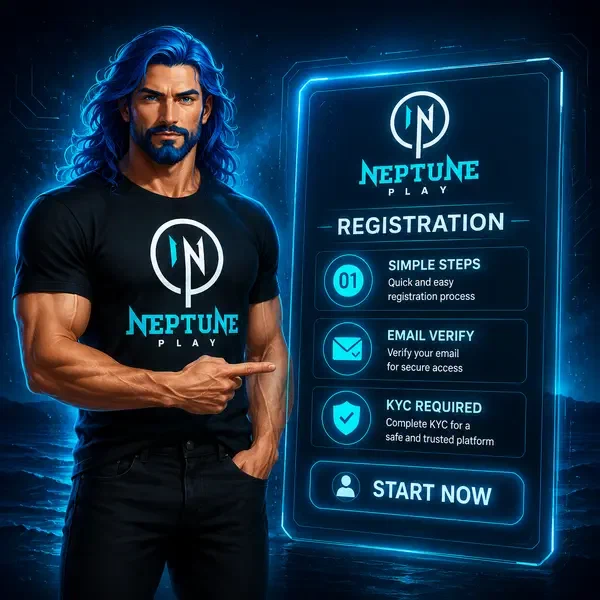 Neptune stands by glowing registration tablet, ready to sign up new players at Neptune Play