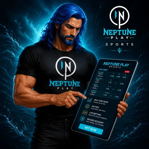 Neptune Play Sports analyst reviewing live sports betting odds on glowing data tablet