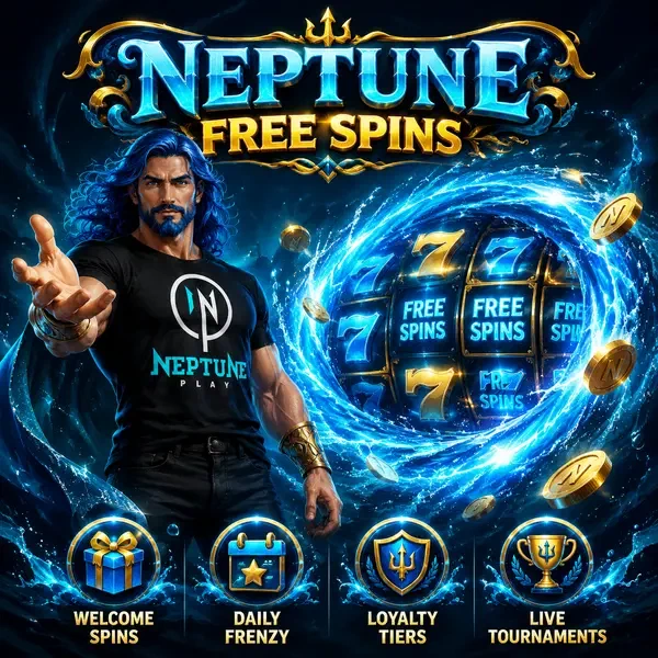 Neptune commanding free spins whirlpool at Neptune Play oceanic gaming portal