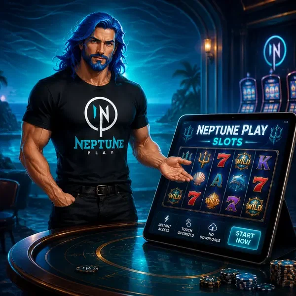 Neptune with vibrant blue hair presenting slot games on glowing tablet at oceanic Neptune Play