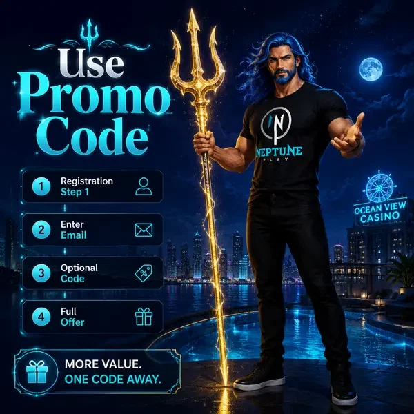 Neptune holding glowing trident with promo code power at rooftop pool under starlit sky
