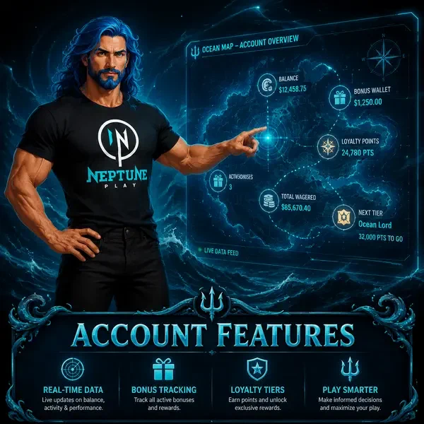 Neptune showcasing account features with holographic ocean map at Neptune Play portal