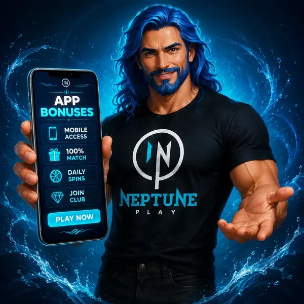 Neptune holding smartphone displaying app bonuses at glowing Neptune Play App portal