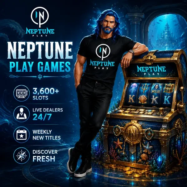 Neptune standing beside treasure chest slot machine at Neptune Play Casino games floor