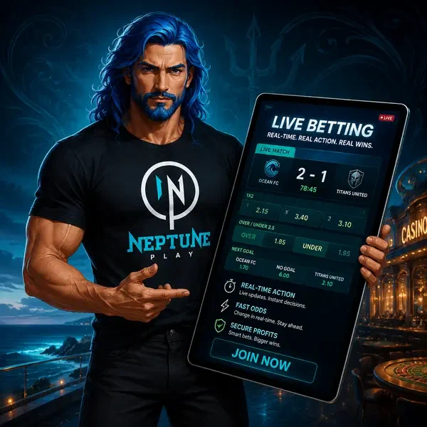 Neptune Play Live Betting strategist analyzing sports betting data on glowing tablet interface