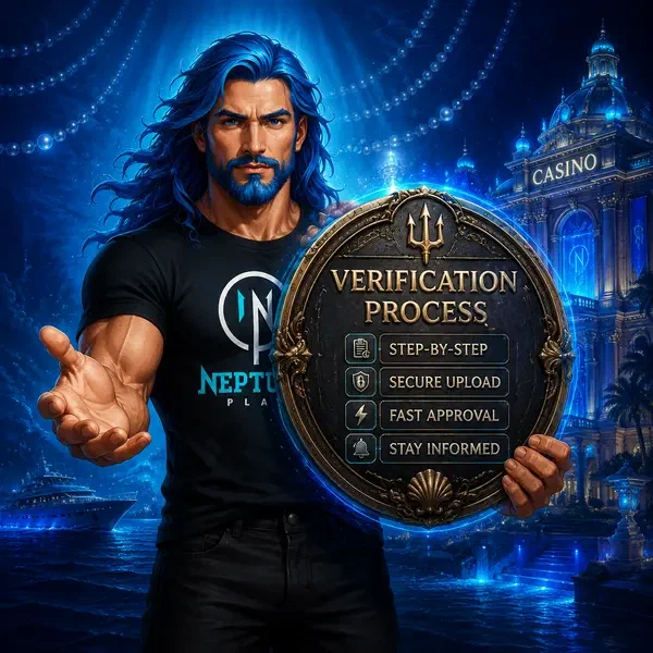 Neptune confidently holding ancient verification seal at Neptune Play secure portal