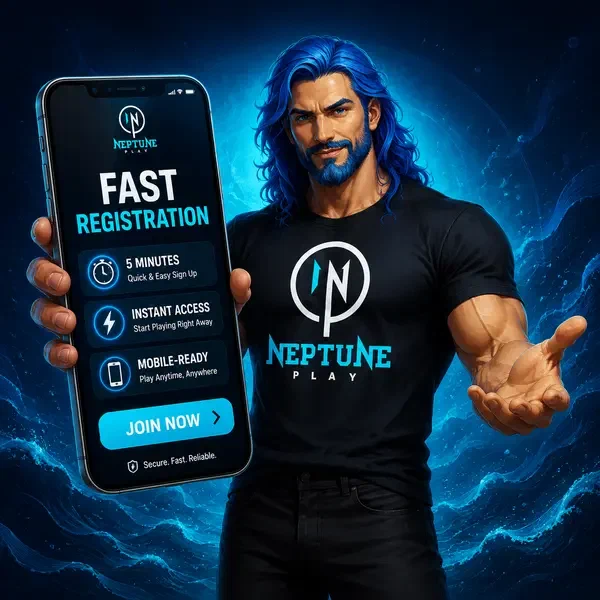 Neptune confidently holding smartphone showing fast registration at Registration in 5 Minutes
