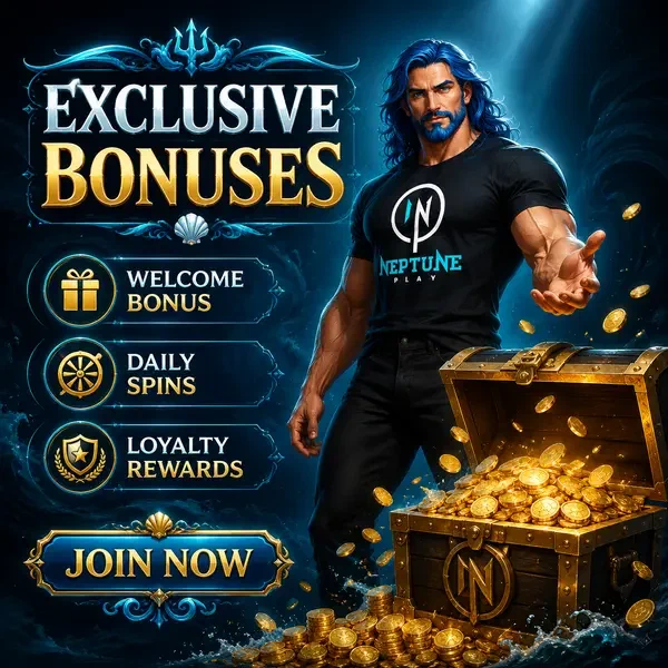 Neptune commands bonus treasure chest overflowing with golden coins at Neptune Play