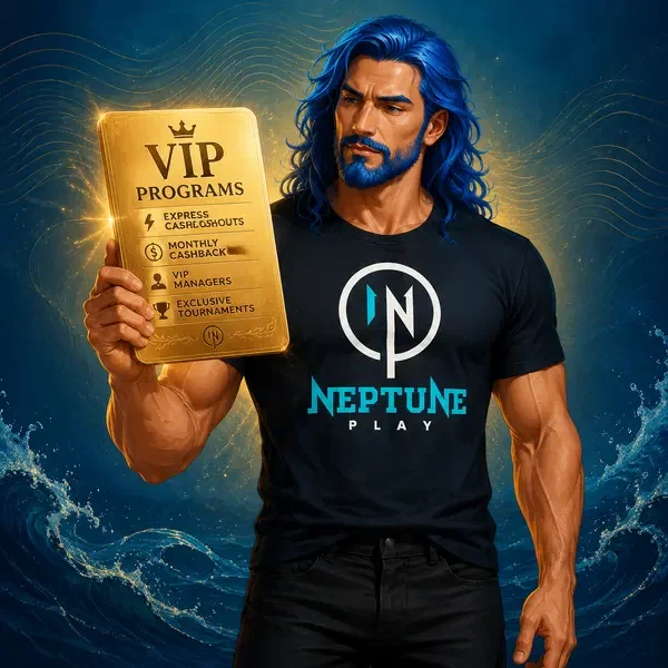 Neptune confidently holds golden VIP card showcasing Neptune Play exclusive programs