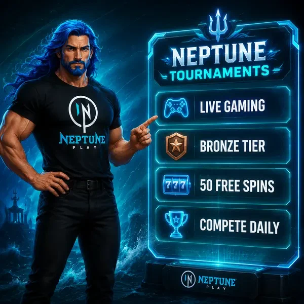 Neptune confidently gesturing at live gaming leaderboard showing Neptune Play Tournaments rankings