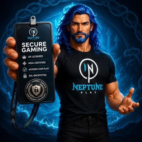 Neptune holding security badge showing UK licensing at reliable gaming platform