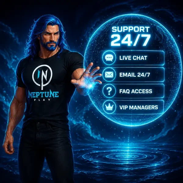 Neptune guiding players through Customer Support with 24/7 live chat sphere